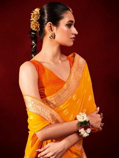 Women's Georgette Yellow Printed Designer Saree With Blouse Piece