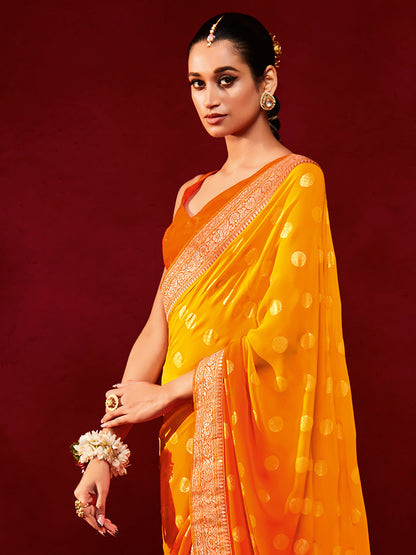 Women's Georgette Yellow Printed Designer Saree With Blouse Piece