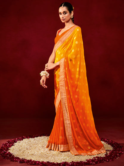 Women's Georgette Yellow Printed Designer Saree With Blouse Piece