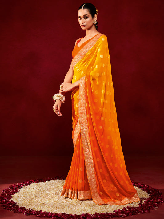 Women's Georgette Yellow Printed Designer Saree With Blouse Piece