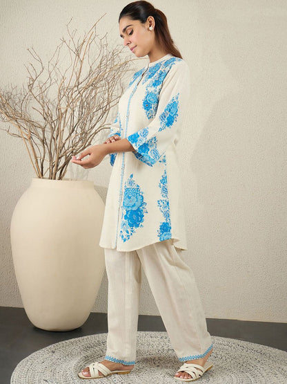 Dhiyona IE Printed Pure Cotton Mandarin Collar Neck Top With Palazzos Co-Ords