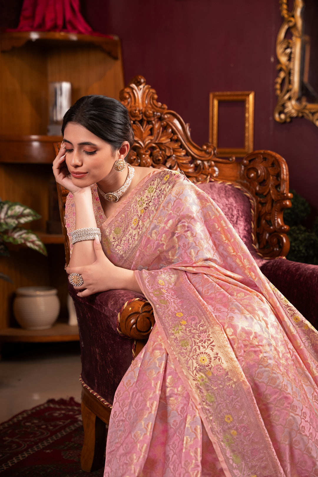 Dhiyona GR Women's Riona Pink Organza Silk Woven Saree