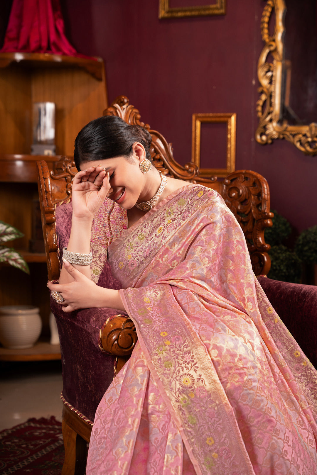 Dhiyona GR Women's Riona Pink Organza Silk Woven Saree