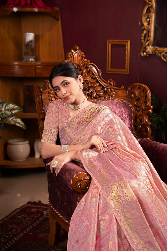 Dhiyona GR Women's Riona Pink Organza Silk Woven Saree