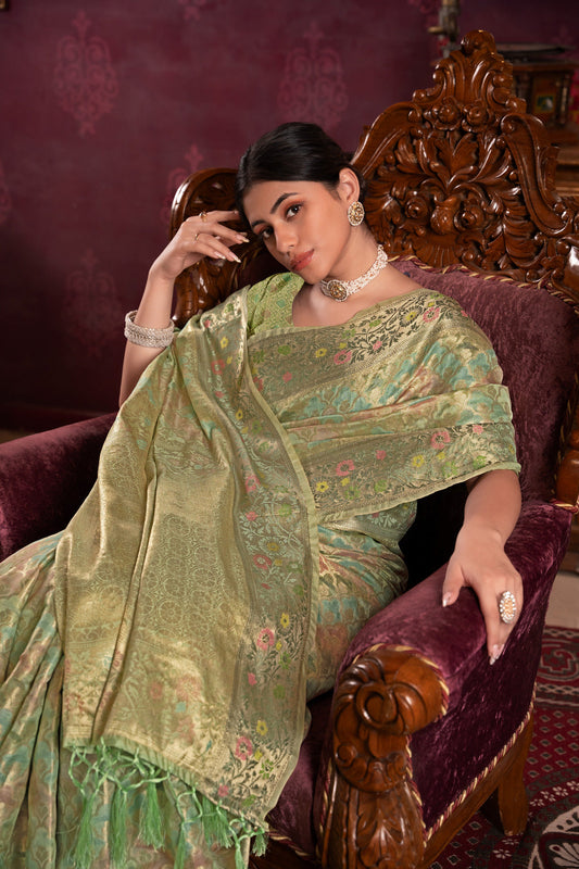 Dhiyona GR Women's Riona Pista Organza Silk Woven Saree