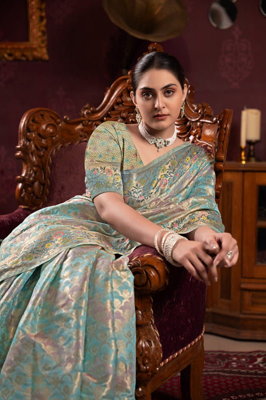 Dhiyona GR Women's Riona Sky Organza Silk Woven Saree
