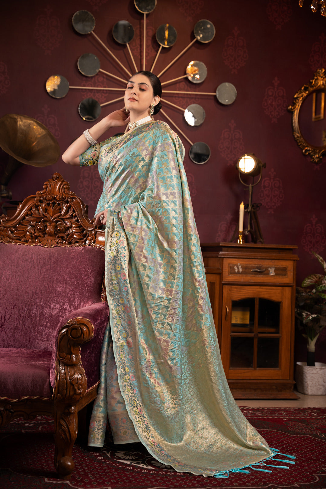 Dhiyona GR Women's Riona Sky Organza Silk Woven Saree