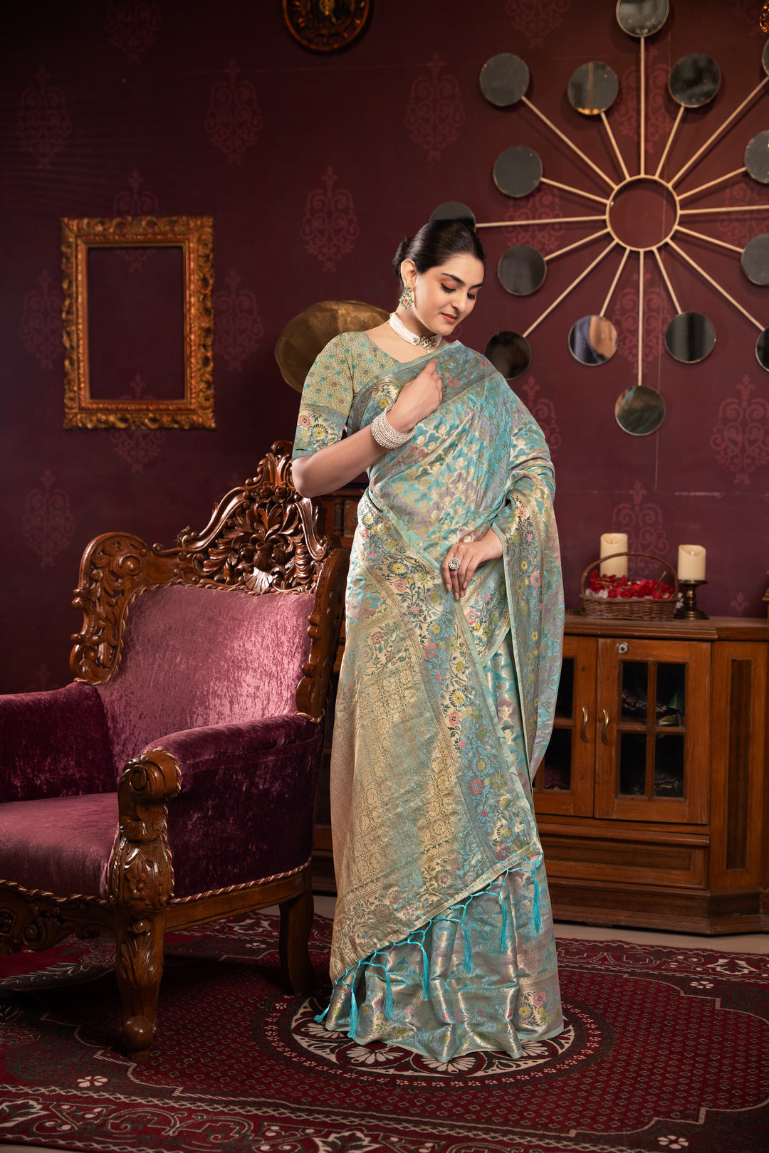 Dhiyona GR Women's Riona Sky Organza Silk Woven Saree