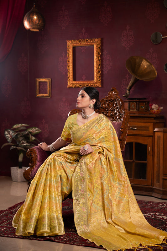 Dhiyona GR Women's Riona Yellow Organza Silk Woven Saree