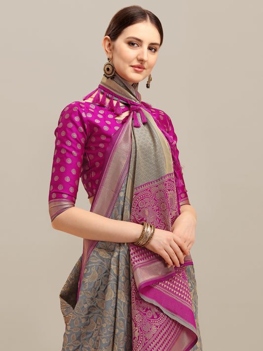 Dhiyona RV Women's Banarasi Silk With silver Zari weaving Saree  ( KVD1184 )