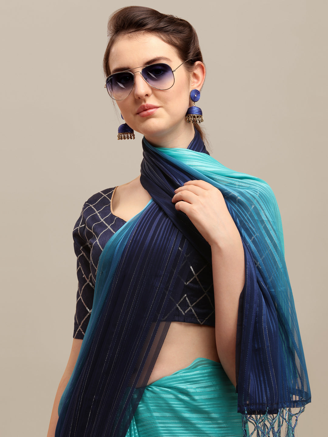 Dhiyona RV Women's Silk Blend Silver Zari Weaving Saree With Sequins Blouse ( KVD1192 )