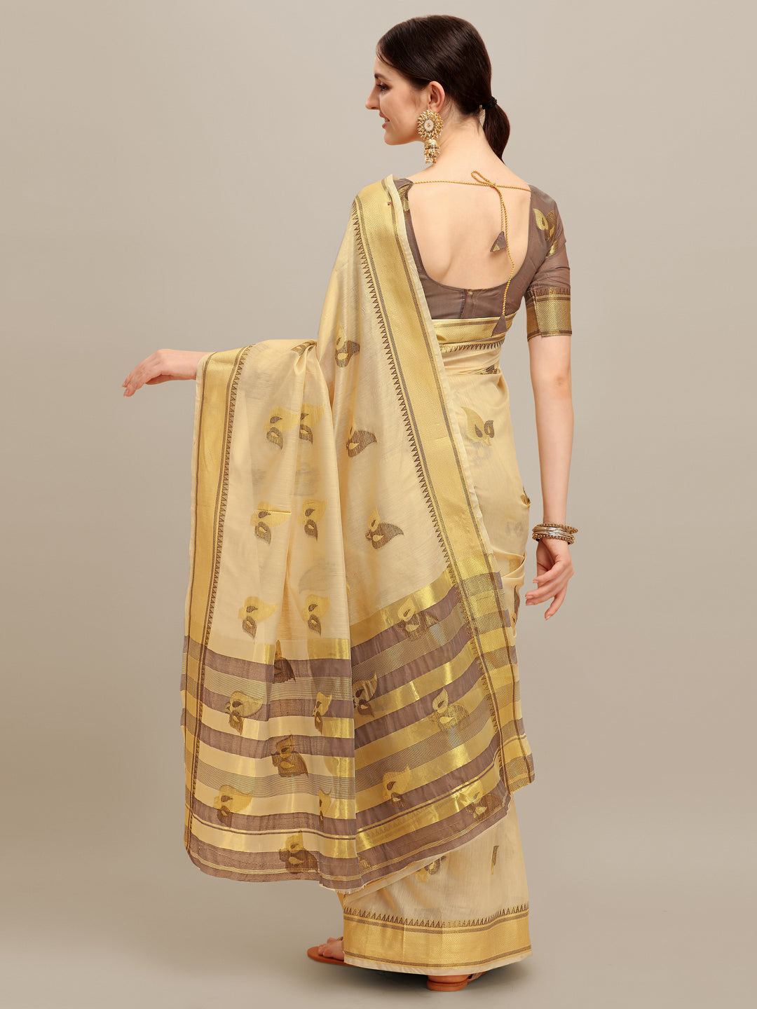 Dhiyona RV Women's Linen Cotton Silk Floral Zari Printed Work  Exclusive Saree ( KVD1203 )