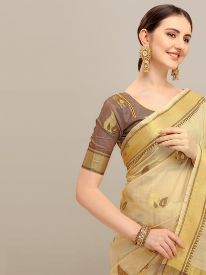 Dhiyona RV Women's Linen Cotton Silk Floral Zari Printed Work  Exclusive Saree ( KVD1203 )