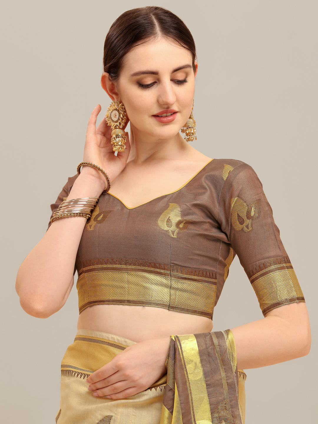 Dhiyona RV Women's Linen Cotton Silk Floral Zari Printed Work  Exclusive Saree ( KVD1203 )