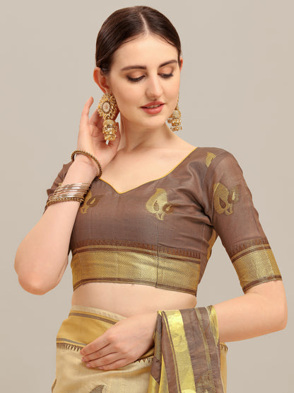 Dhiyona RV Women's Linen Cotton Silk Floral Zari Printed Work  Exclusive Saree ( KVD1203 )