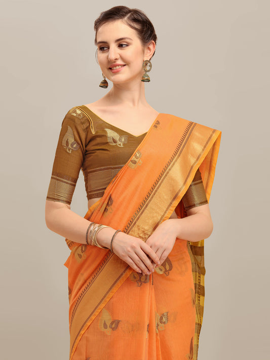Dhiyona RV Women's Linen Cotton Silk Floral Zari Printed Work  Exclusive Saree ( KVD1206 )