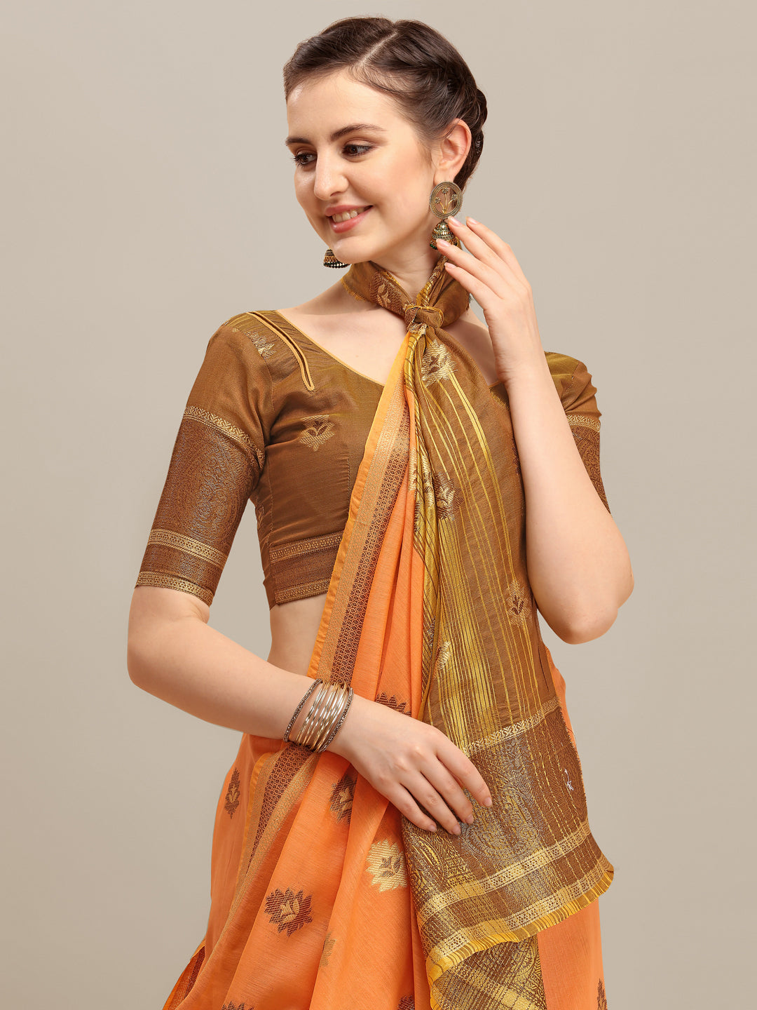 Dhiyona RV Women's Linen Cotton Silk Floral Zari Printed Work  Exclusive Saree ( KVD1210 )