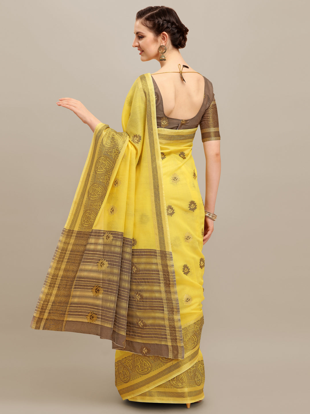 Dhiyona RV Women's Linen Cotton Silk Floral Zari Printed Work  Exclusive Saree ( KVD1211 )