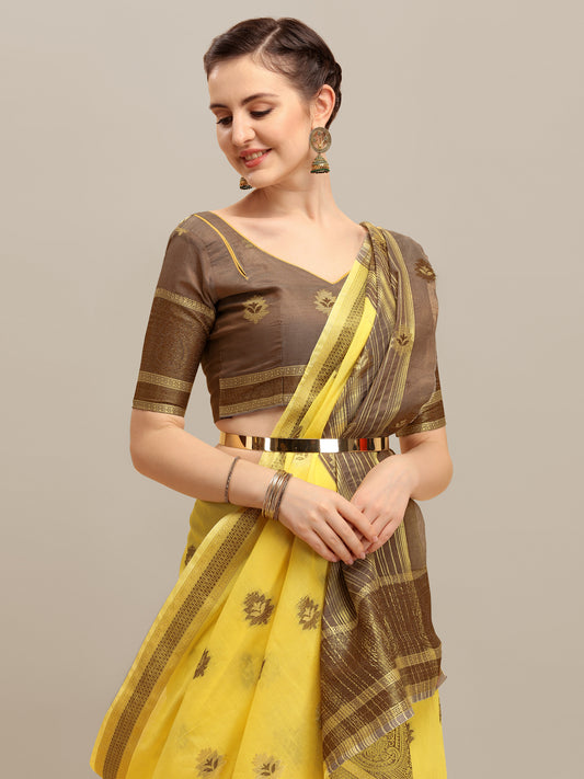 Dhiyona RV Women's Linen Cotton Silk Floral Zari Printed Work  Exclusive Saree ( KVD1211 )