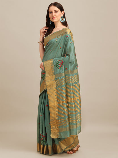 Dhiyona RV Women's Assam Silk Colorful Thread Embroidered Saree ( KVD1222 )