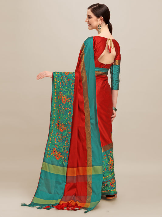 Dhiyona RV Women's Designer Traditional Embroidered Cotton Silk Saree With Blouse ( KVD1234 )
