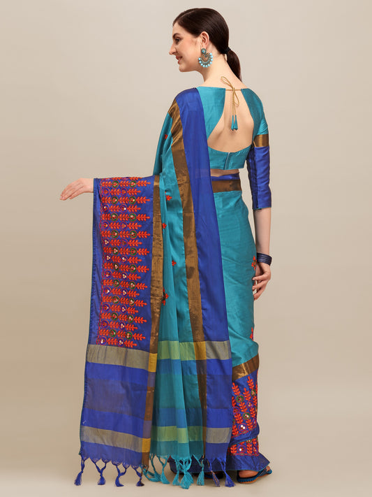 Dhiyona RV Women's Designer Traditional Embroidered Cotton Silk Saree With Blouse ( KVD1245 )