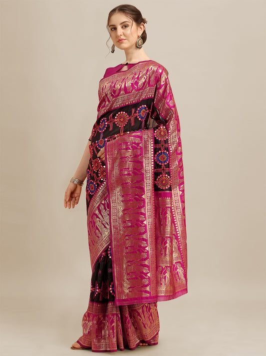 Dhiyona RV Women's Banarasi Jacquard With Zari Weaving And Kutchi Embroidered Saree  ( KVD1264 )