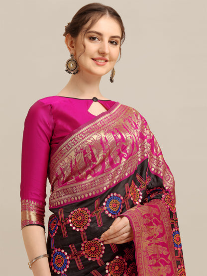 Dhiyona RV Women's Banarasi Jacquard With Zari Weaving And Kutchi Embroidered Saree  ( KVD1264 )