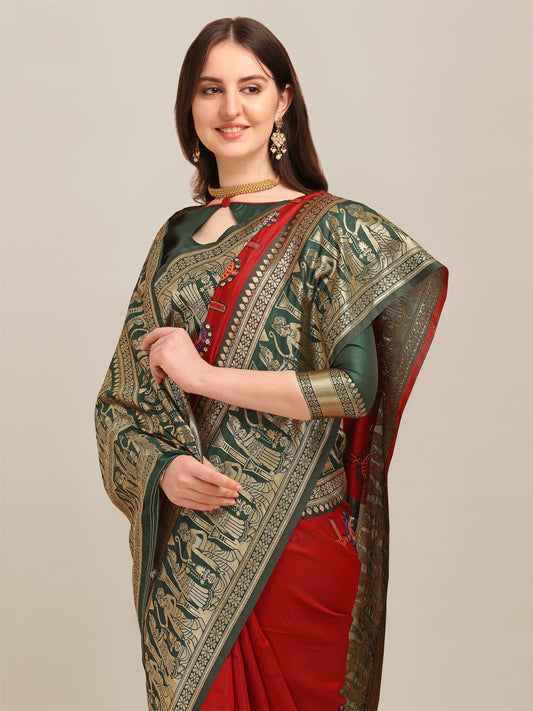 Dhiyona RV Women's Banarasi Jacquard With Zari Weaving And Kutchi Embroidered Saree  ( KVD1266 )