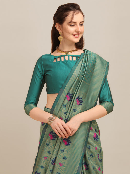 Dhiyona RV Women's Banarasi Cotton Silk With Zari Weaving  Saree With Blouse  ( KVD1272 )