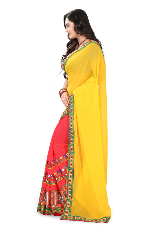 Dhiyona RV Women's Designer Half & Half Georgette Embroidery Work Saree With Blouse ( KVD13 )