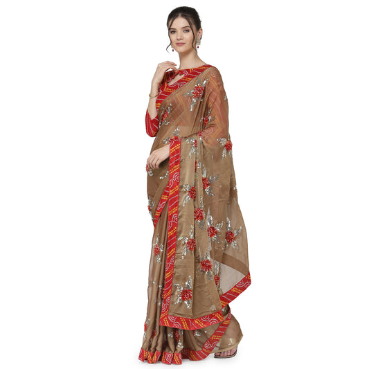 Dhiyona RV Women's Chiffon Saree With Sequine Embroidered Work And Bandhani Flowers. ( KVD1312 )