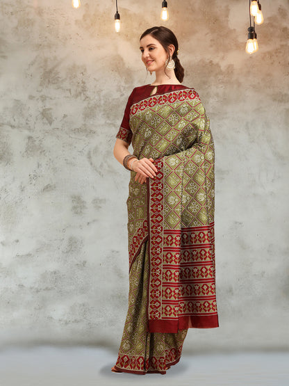 Dhiyona RV Women's Banarasi Cotton Silk With Patola Weaving Pattern Saree With Blouse ( KVD1341 )