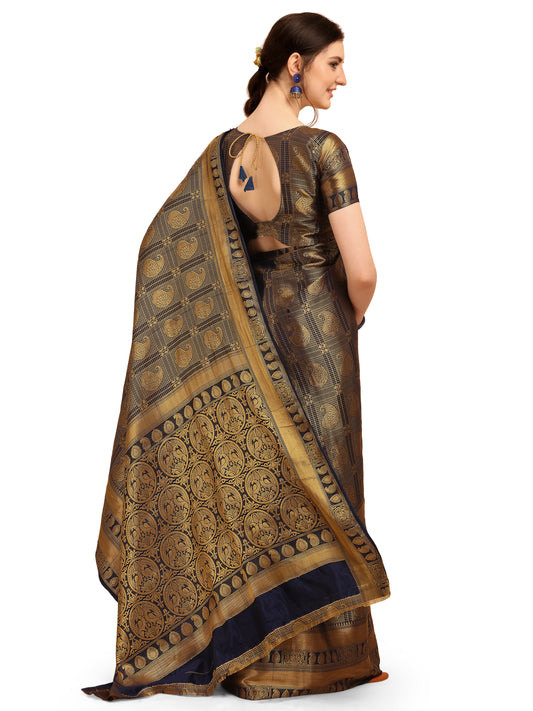 Dhiyona RV Women's Banarasi Cotton Silk With Golden Zari Weaving Pattern Saree With Blouse ( KVD1351 )