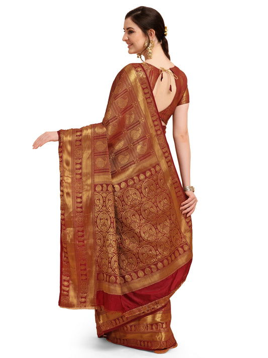 Dhiyona RV Women's Banarasi Cotton Silk With Golden Zari Weaving Pattern Saree With Blouse ( KVD1353 )