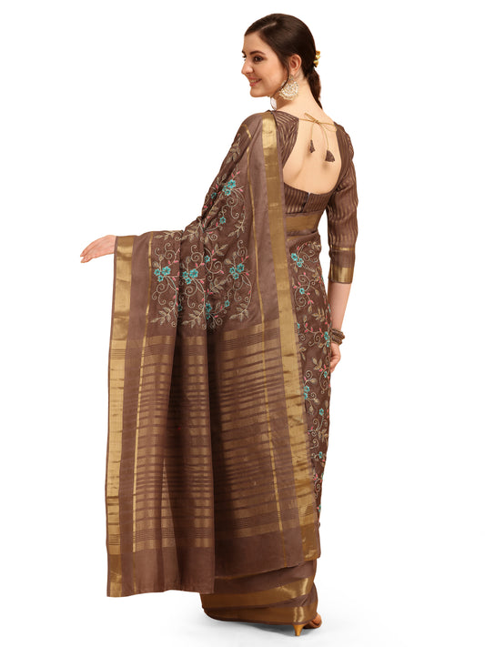 Dhiyona RV Women's Soft Cotton With Zari Embroidery Saree ( KVD1363 )