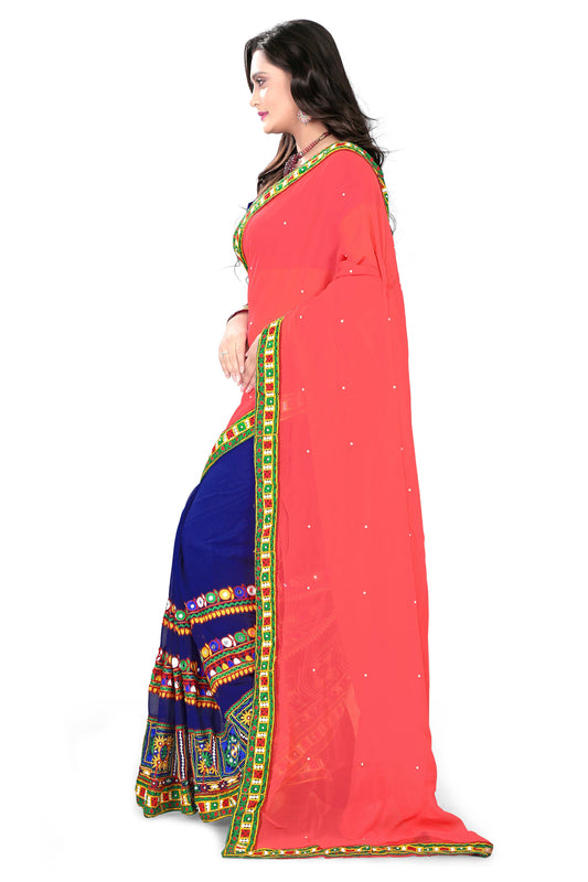 Dhiyona RV Women's Designer Half & Half Georgette Embroidery Work Saree With Blouse ( KVD14 )
