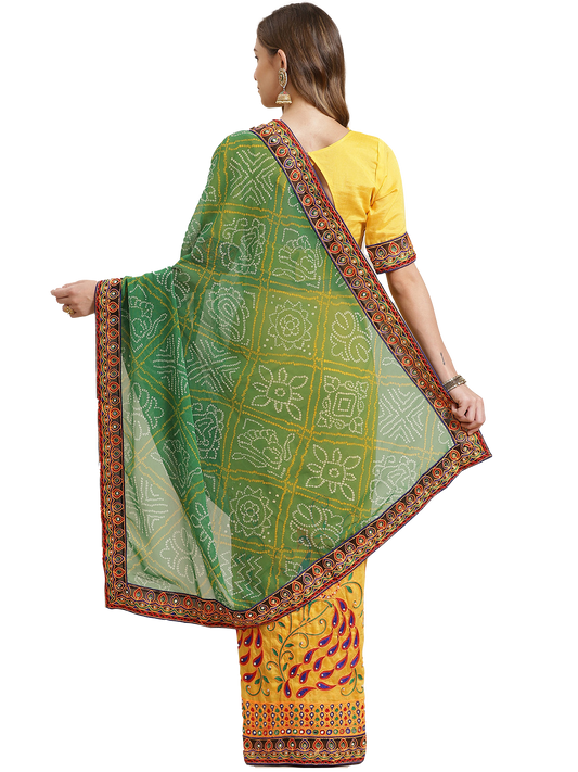 Dhiyona RV Women's Bandhani Georgette And Vichitra Silk With Thread Embroidery Saree ( KVD1411 )