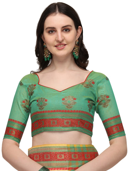 Dhiyona RV Women's Jacquard Cotton Silk Zari Butti And Lace Border Saree ( KVD1429 )
