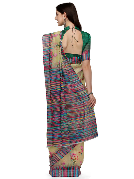 Dhiyona RV Women's Linen Blend Floral Printed Exclusive Saree With Blouse ( KVD1492 )