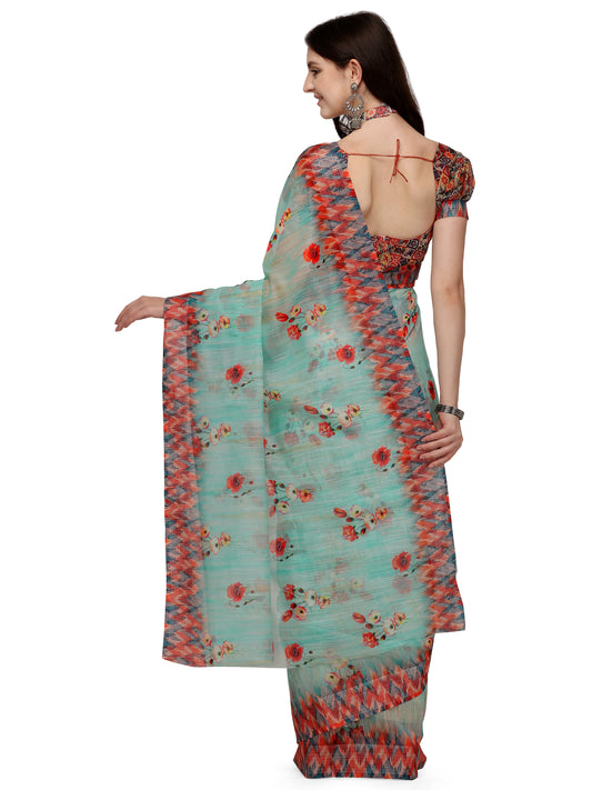 Dhiyona RV Women's Linen Blend Floral Printed Exclusive Saree With Blouse ( KVD1493 )