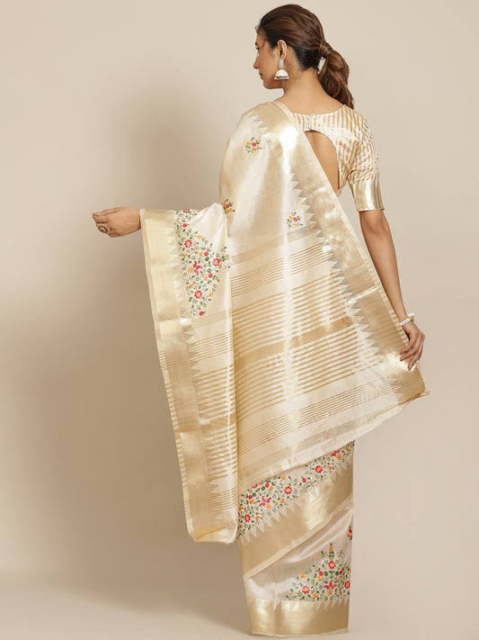 Dhiyona RV Women's Elegant Assam Cotton Silk Embroidered Saree with Temple Contrast Border  ( KVD1698 )