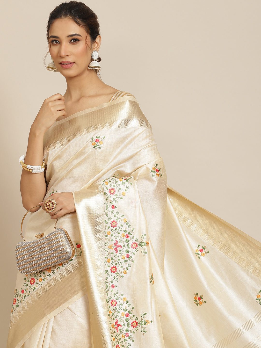 Dhiyona RV Women's Elegant Assam Cotton Silk Embroidered Saree with Temple Contrast Border  ( KVD1698 )