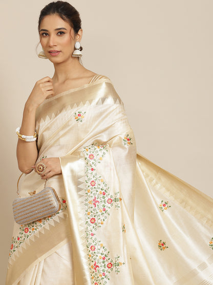 Dhiyona RV Women's Elegant Assam Cotton Silk Embroidered Saree with Temple Contrast Border  ( KVD1698 )