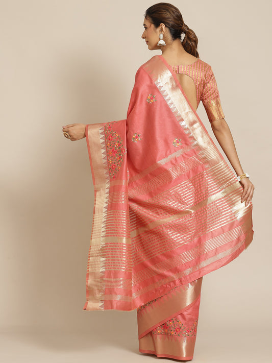 Dhiyona RV Women's Elegant Assam Cotton Silk Embroidered Saree with Temple Contrast Border  ( KVD1701 )