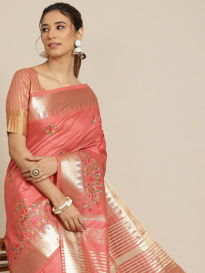 Dhiyona RV Women's Elegant Assam Cotton Silk Embroidered Saree with Temple Contrast Border  ( KVD1701 )