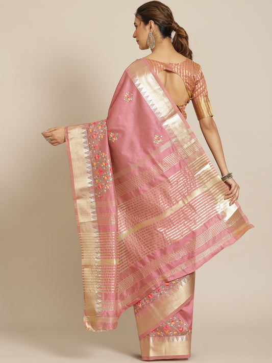 Dhiyona RV Women's Elegant Assam Cotton Silk Embroidered Saree with Temple Contrast Border  ( KVD1702 )