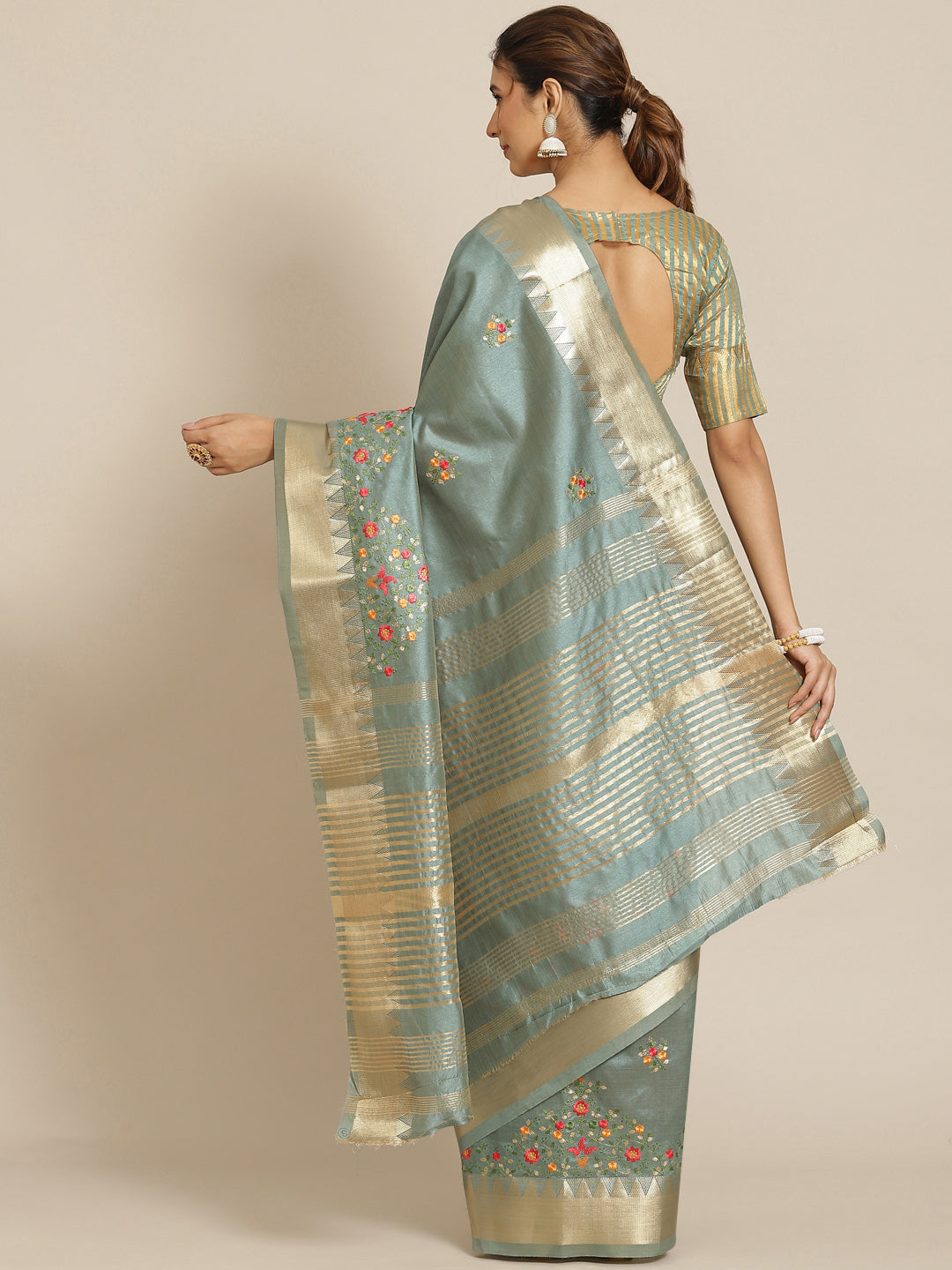 Dhiyona RV Women's Elegant Assam Cotton Silk Embroidered Saree with Temple Contrast Border  ( KVD1703 )