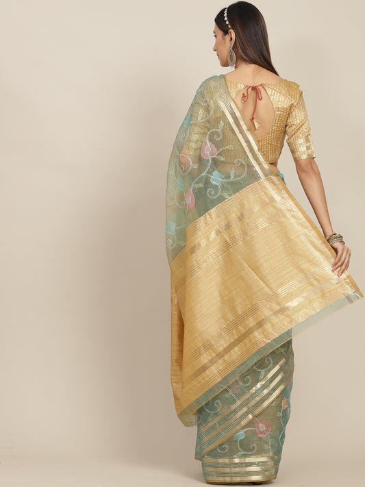 Dhiyona RV Women's Organza Thread Embroidery Weaving Border Attractive Saree ( KVD1858 )