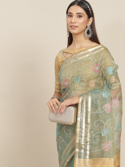 Dhiyona RV Women's Organza Thread Embroidery Weaving Border Attractive Saree ( KVD1858 )